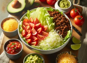 Taco salad with ground beef, cheddar cheese, tomatoes, avocado, and salsa